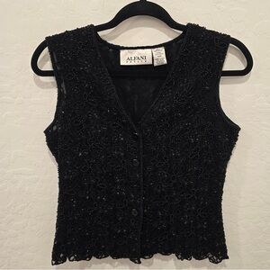 Y2K Alfani Vest Blouse Womens 10P Black Beaded Floral Sleeveless Formal Cocktail